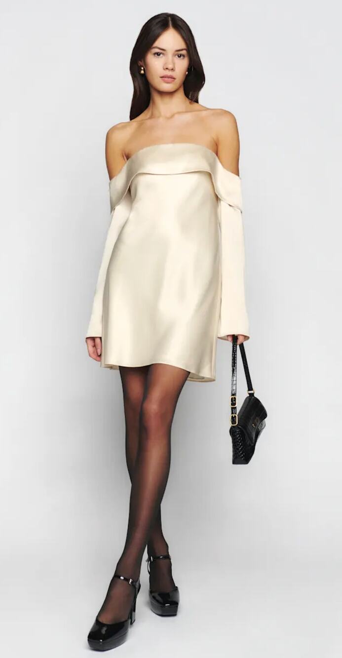 Reformation Dress Small Off Shoulder Satin Mini Beige Bell Sleeve Party Ceremony